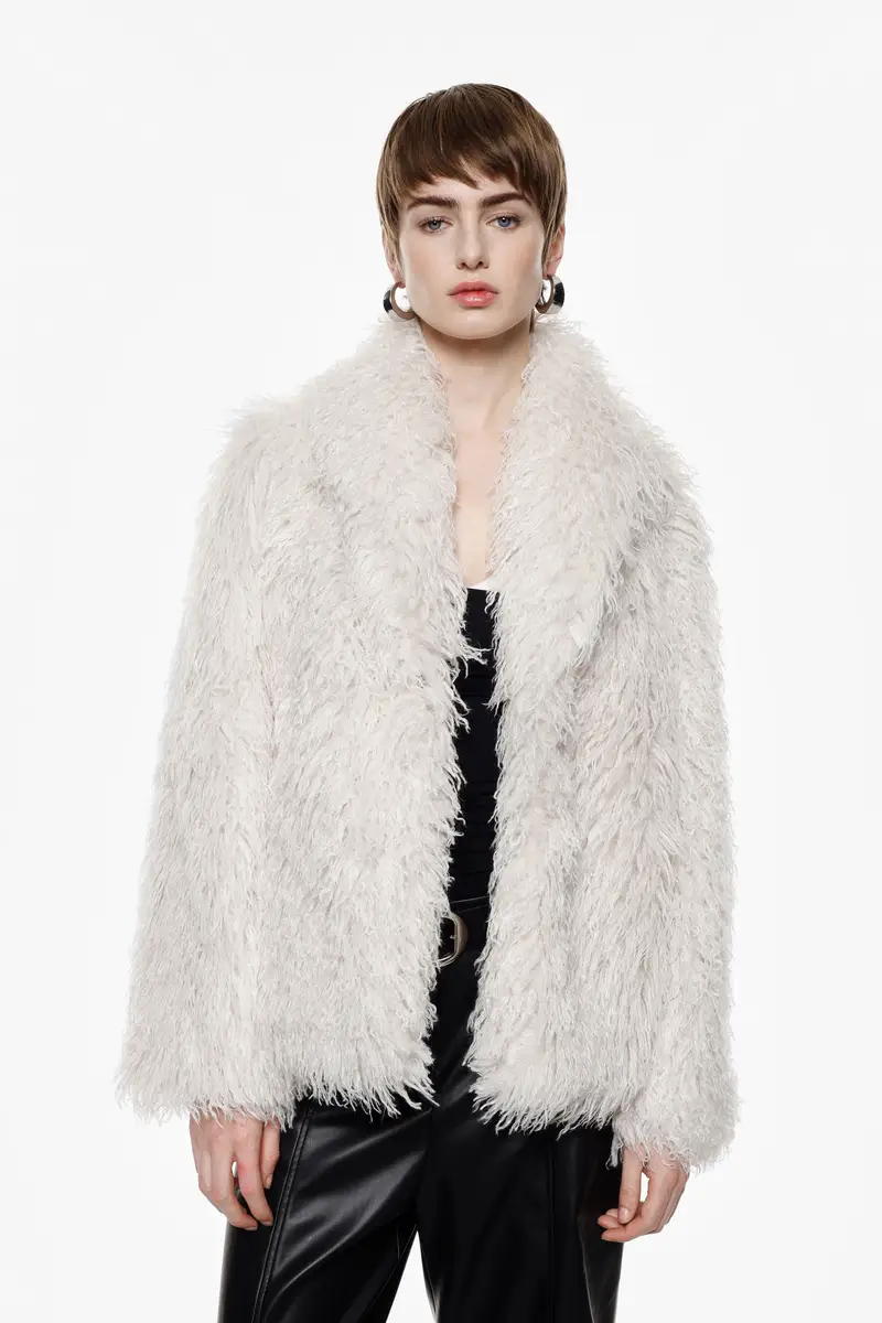 Cappotto corto effetto pelliccia riccio, collo ampio Naturale miniatura 3