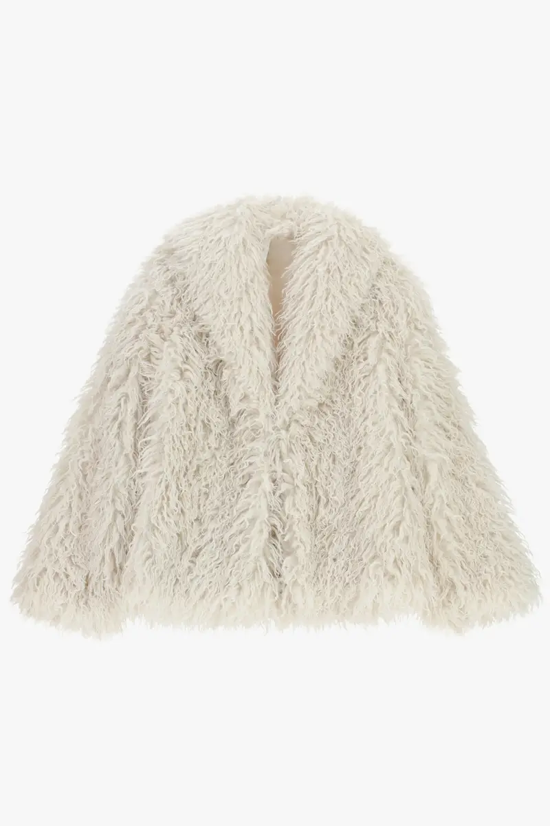 Cappotto corto effetto pelliccia riccio, collo ampio Naturale