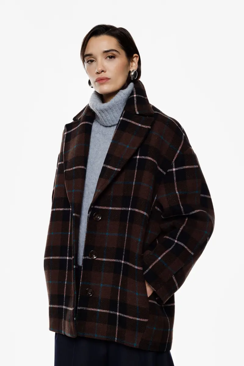 Cappotto corto over quadri spalle scese bottoni Moro miniatura 2