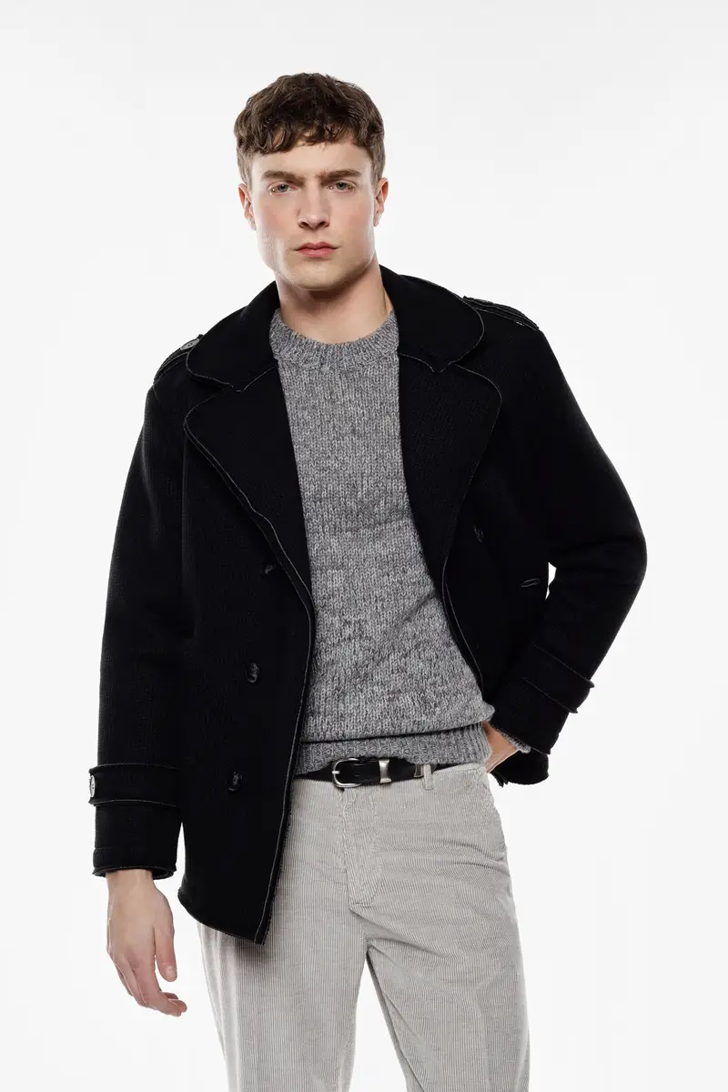 Cappotto doppio petto con revers e spalle decorate Nero miniatura 2