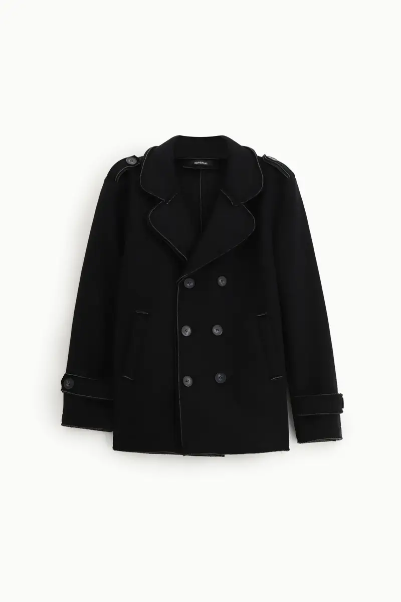 Cappotto doppio petto con revers e spalle decorate Nero