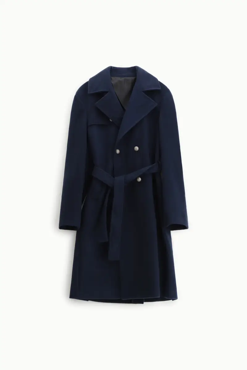 Cappotto elegante doppiopetto con cintura Blu