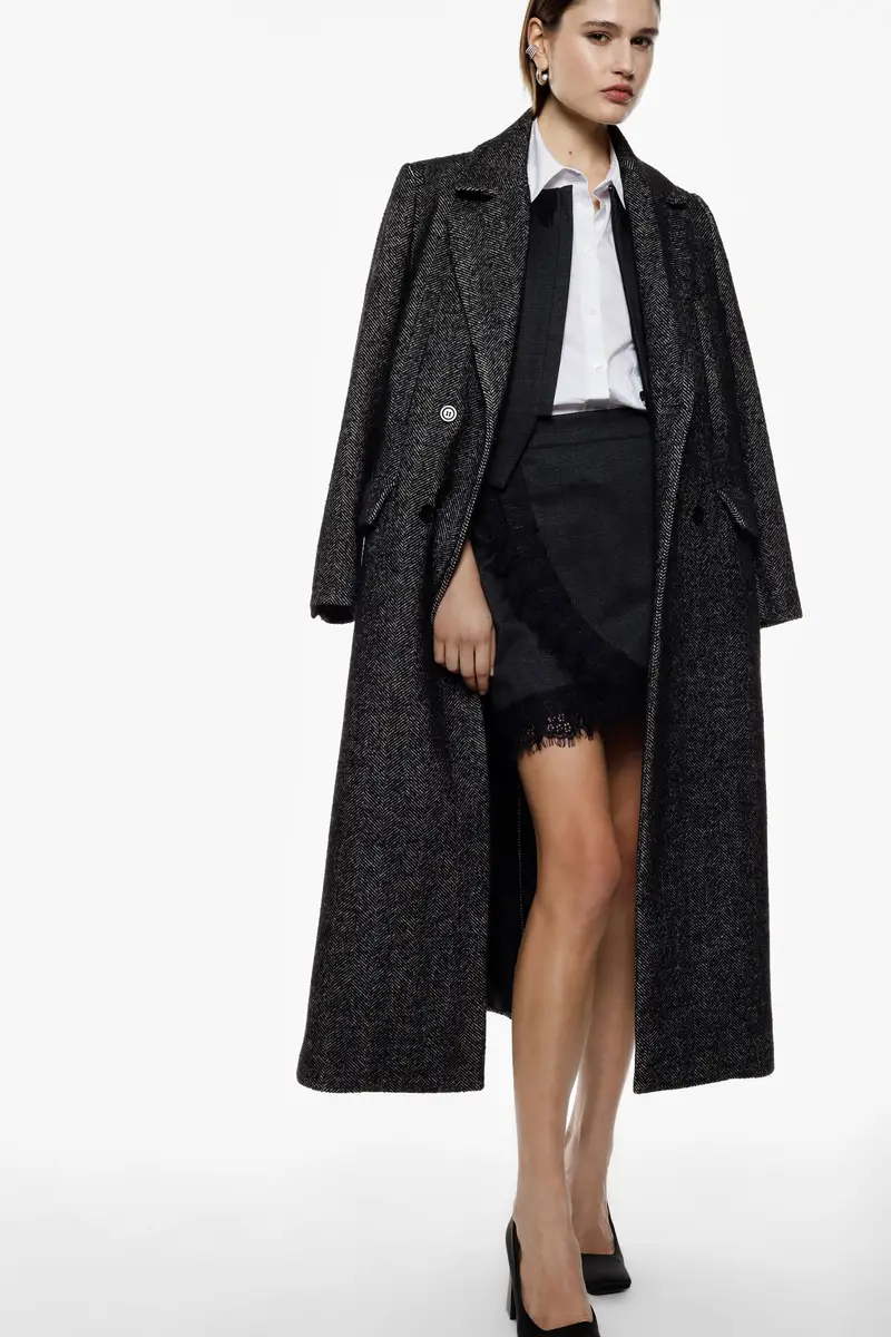 Cappotto lungo doppiopetto motivo spigato Nero miniatura 2