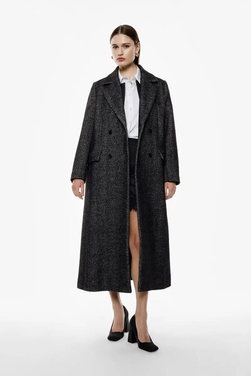 Cappotto lungo doppiopetto motivo spigato Nero miniatura 3