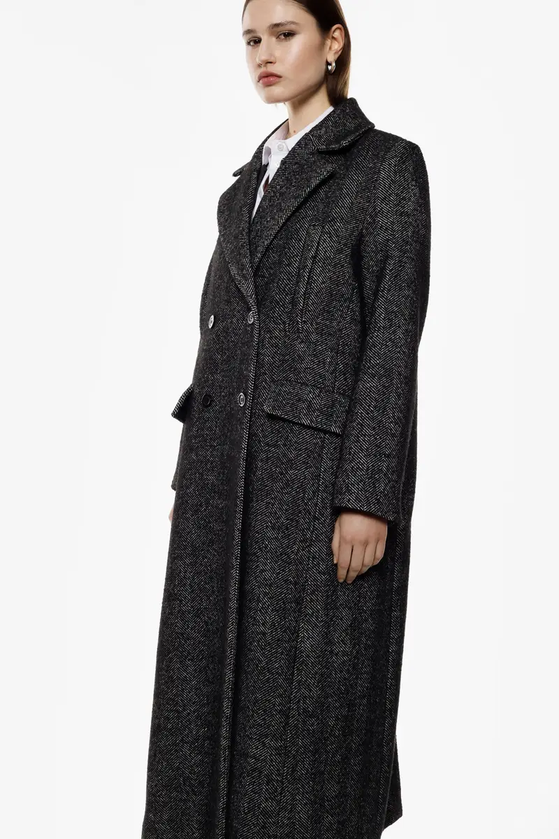 Cappotto lungo doppiopetto motivo spigato Nero miniatura 4