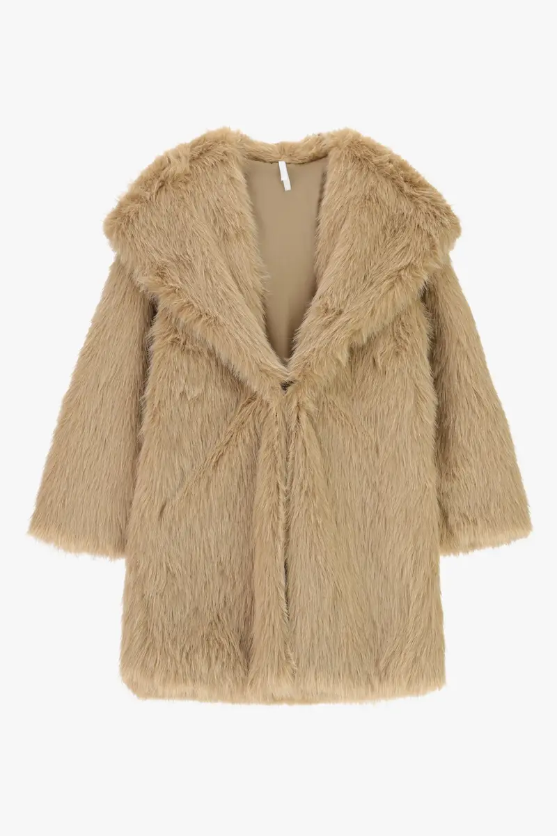 Cappotto lungo effetto pelliccia collo ampio Cammello