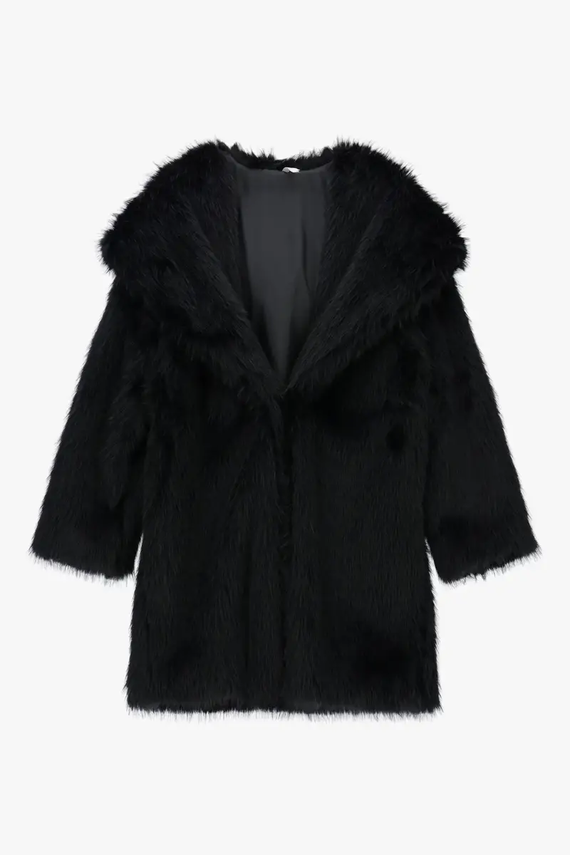 Cappotto lungo effetto pelliccia collo ampio Nero
