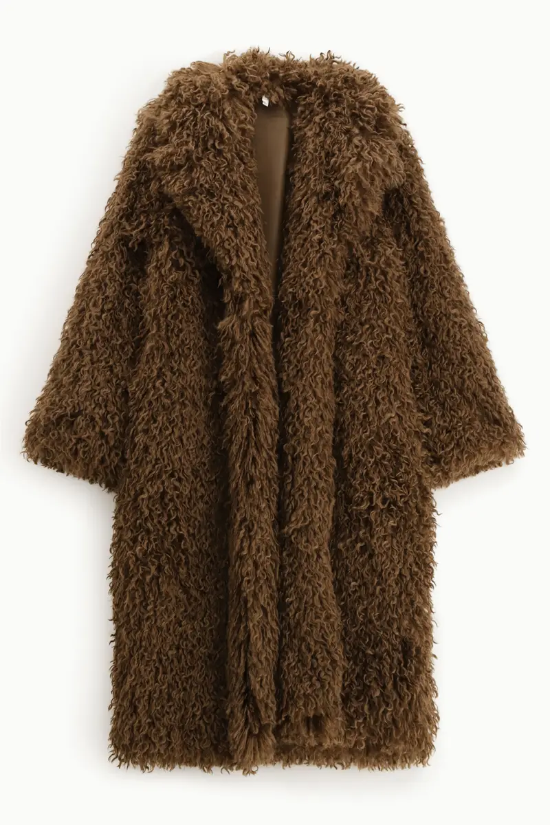 Cappotto lungo effetto riccio con collo ampio Tabacco