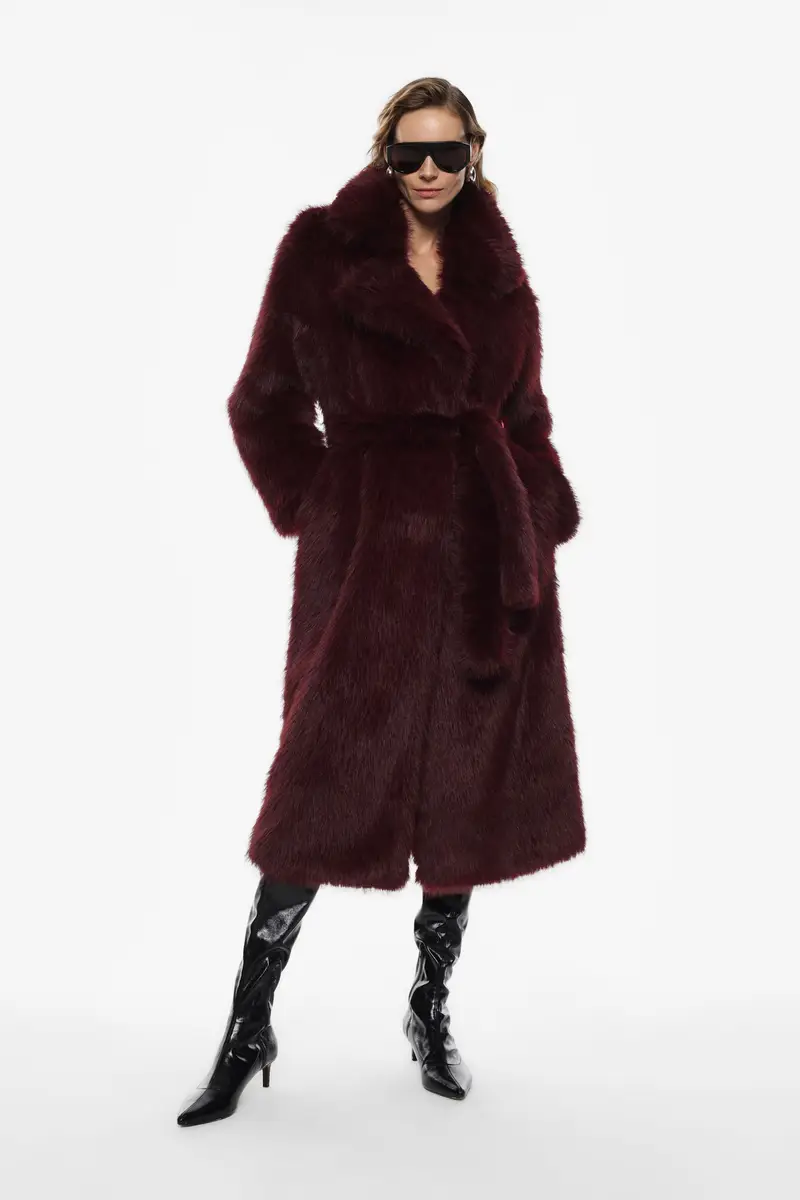 Cappotto pelliccia sintetica cintura Bordeaux miniatura 3