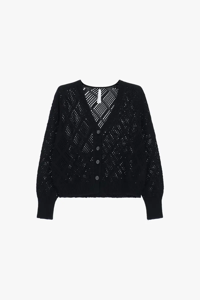 Cardigan traforato con maniche lunghe e motivo geometrico Nero