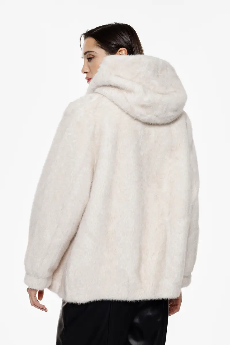 Eco-pelliccia con cappuccio e chiusura a bottone Panna miniatura 3