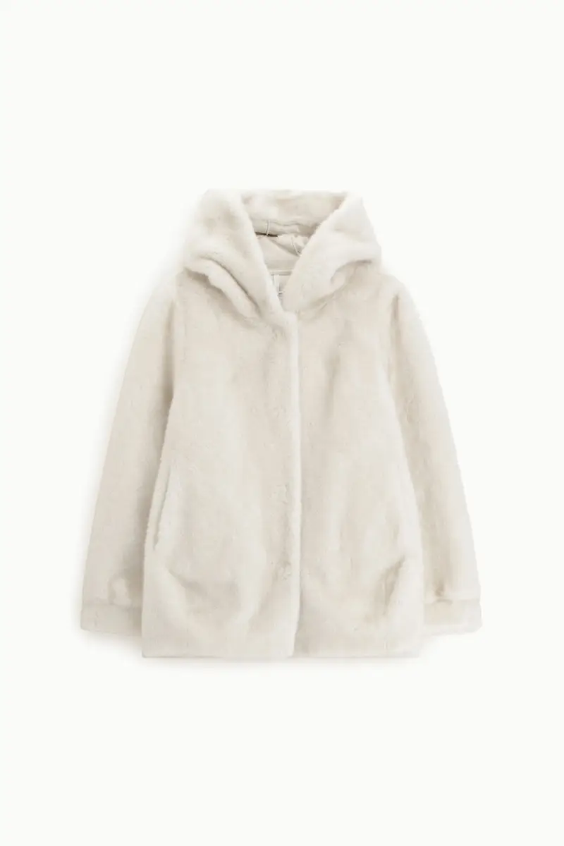 Eco-pelliccia con cappuccio e chiusura a bottone Panna