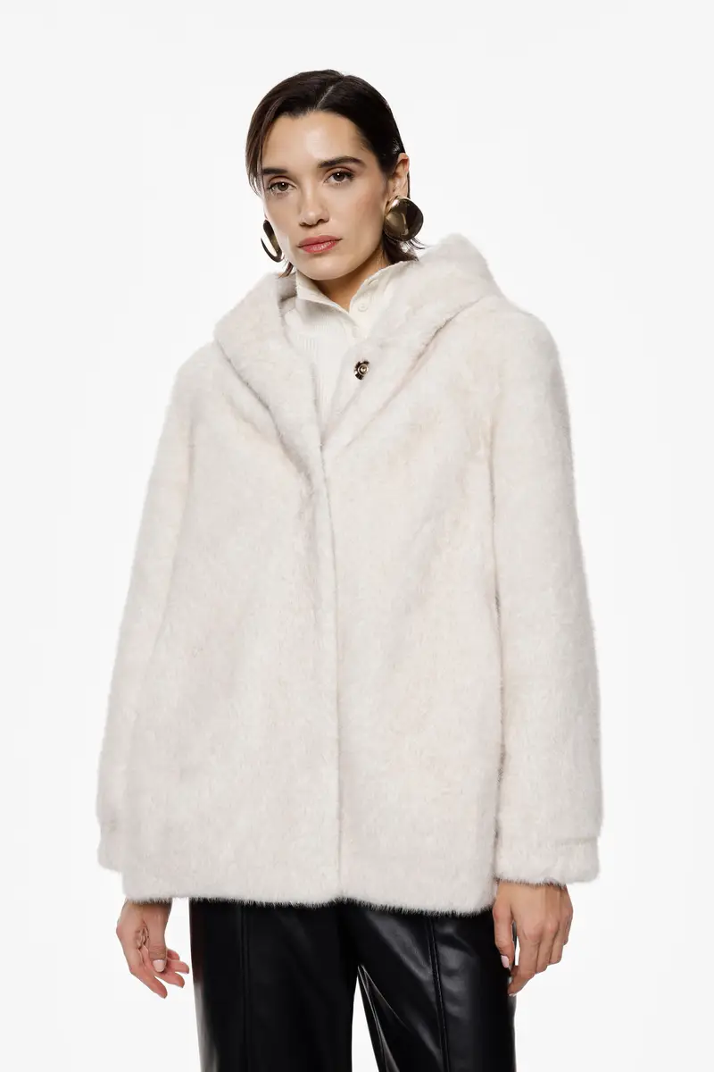 Eco-pelliccia con cappuccio e chiusura a bottone Panna miniatura 2