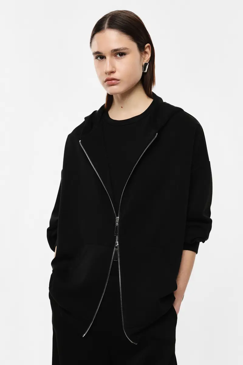 Felpa con cappuccio oversize e zip frontale Nero