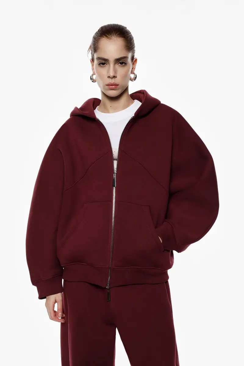 Felpa con cappuccio oversize e zip frontale Prugna