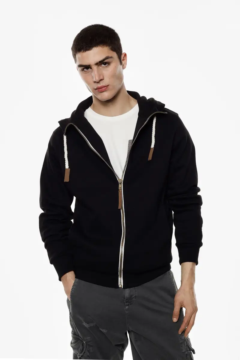 Felpa con cappuccio zip e coulisse spessa Nero