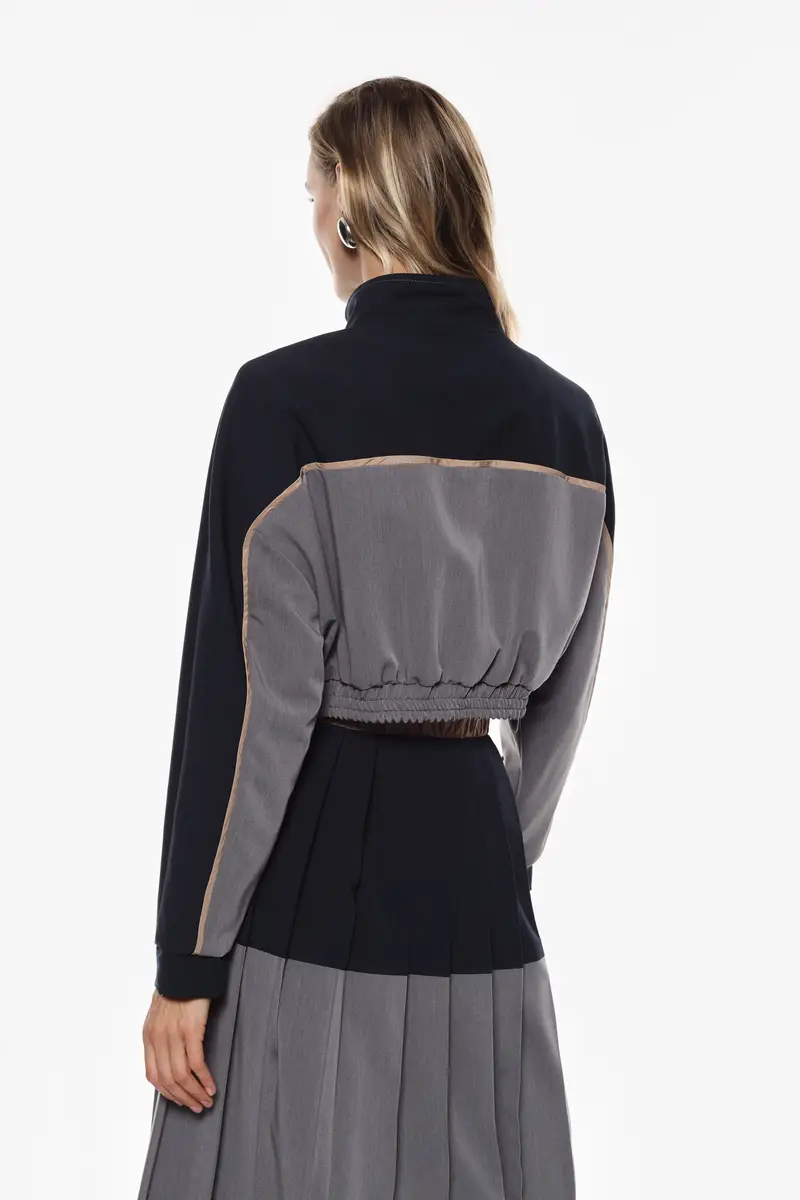 Felpa senza cappuccio con zip e inserti a blocchi Blu miniatura 3