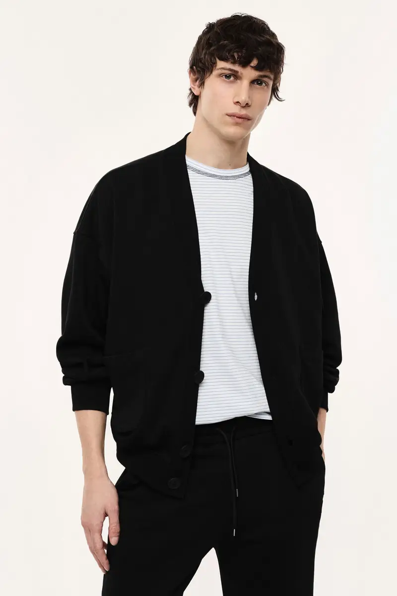 Felpa senza cappuccio v-collo bottoni tasche Nero