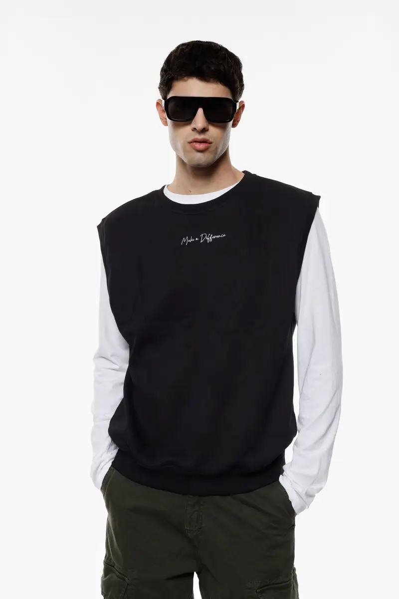 Felpa senza maniche girocollo stampa frontale Nero