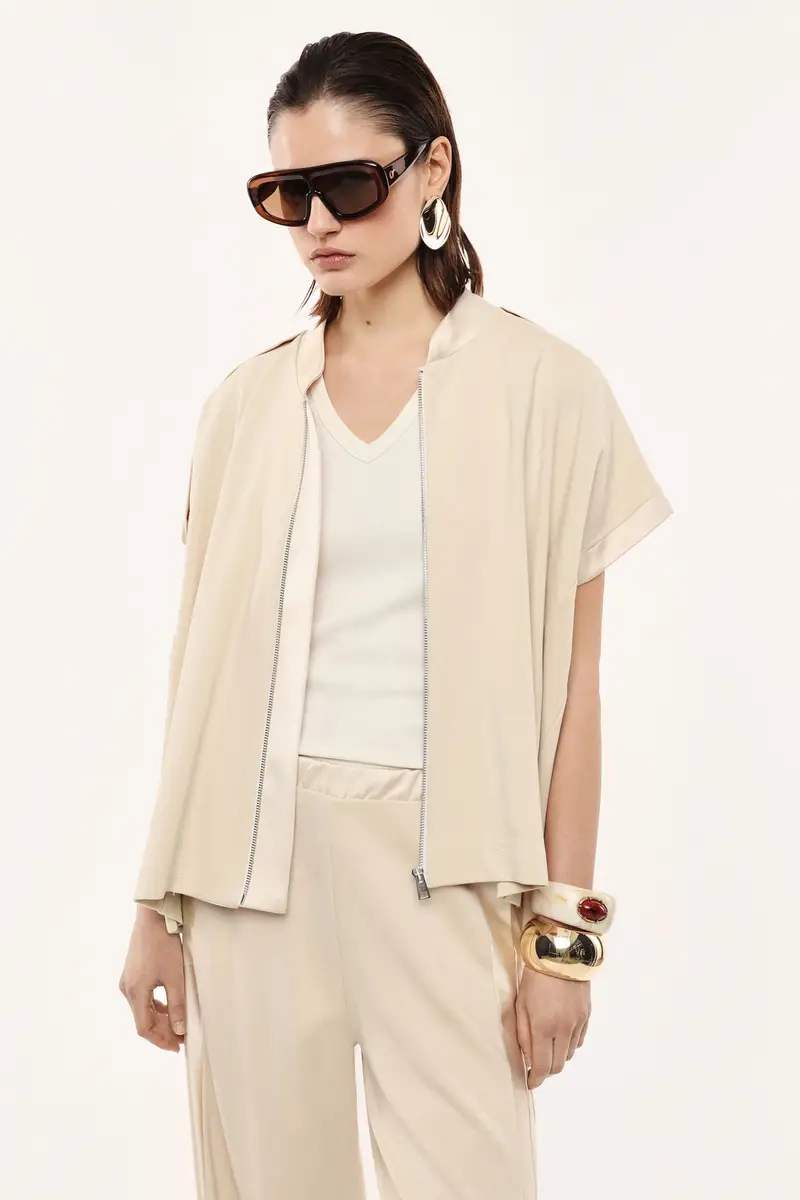 Felpa zip regular fit manica corta Gesso