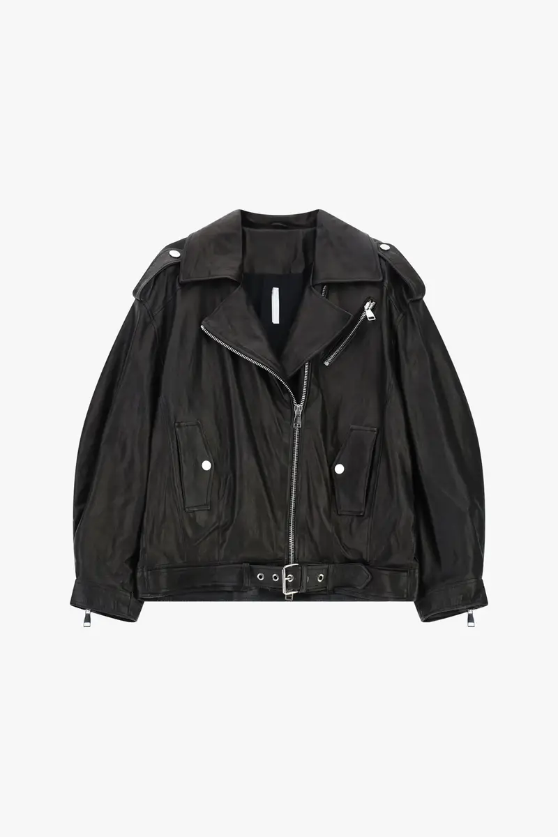 Giacca biker con zip asimmetrica e cinturino Nero