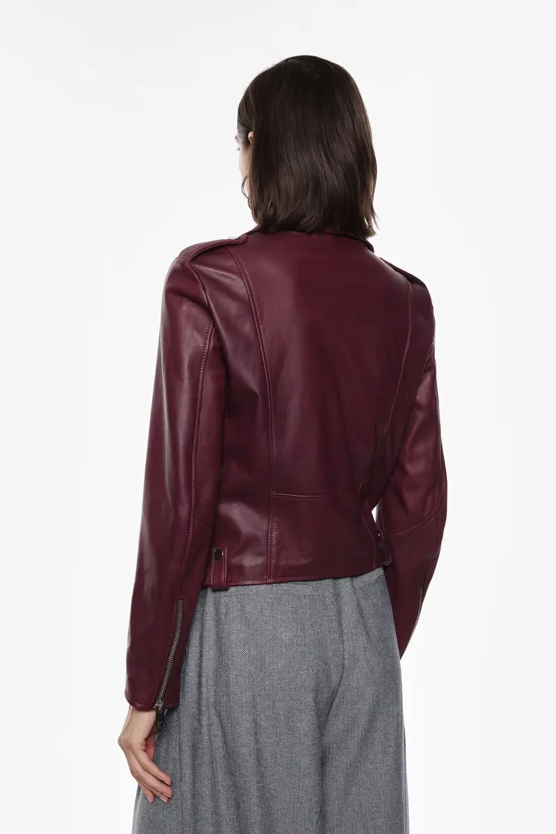 Giacca biker corta con zip e tasche Prugna miniatura 3
