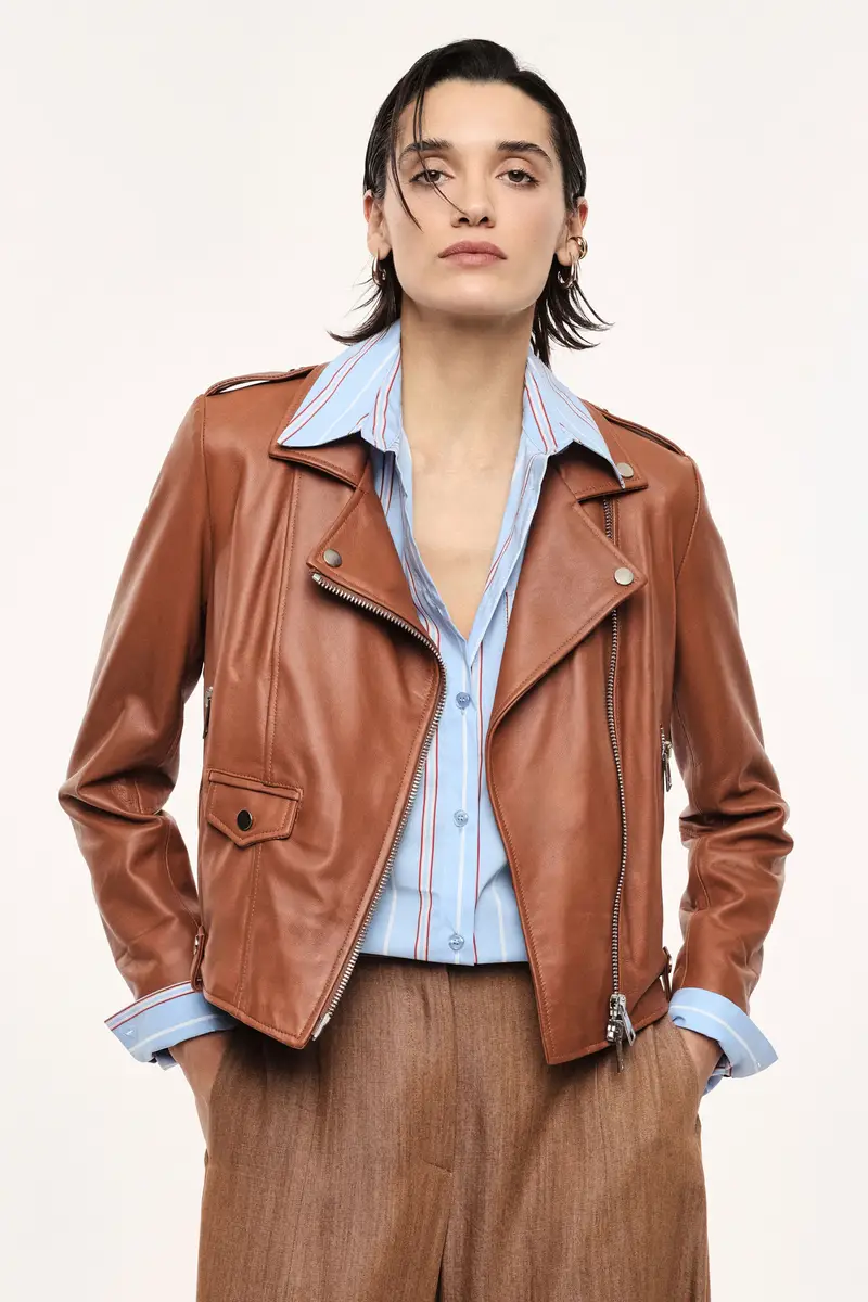 Giacca biker corta con zip e tasche Tabacco miniatura 2