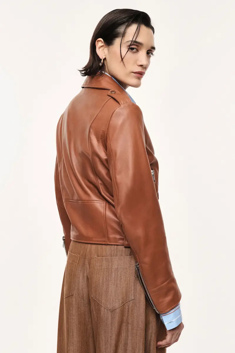 Giacca biker corta con zip e tasche Tabacco miniatura 3