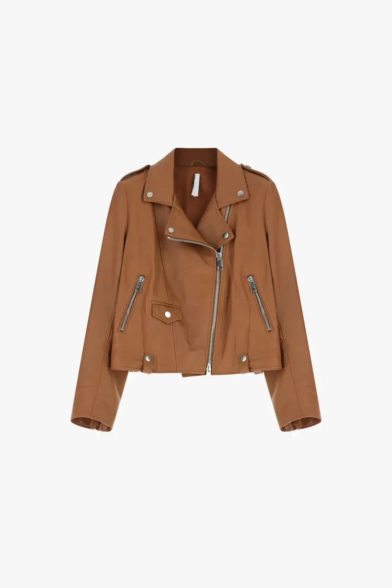 Giacca biker corta con zip e tasche Tabacco