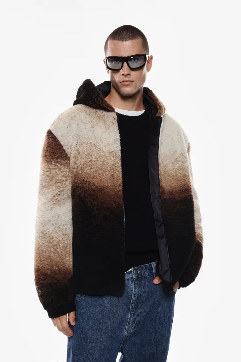 Giacca bomber con cappuccio e zip Beige miniatura 3