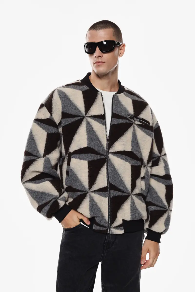 Giacca bomber con motivo geometrico Grigio miniatura 2