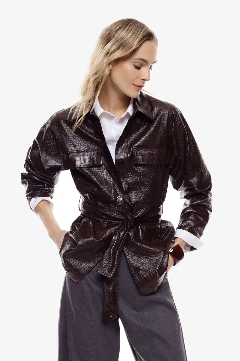 Giacca camicia con cintura e tasche frontali Cioccolato miniatura 2