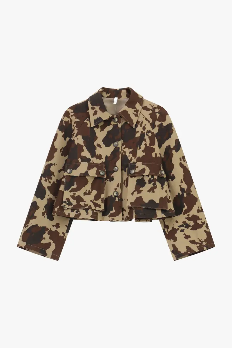 Giacca camicia cropped stampa astratta tasche frontali Beige