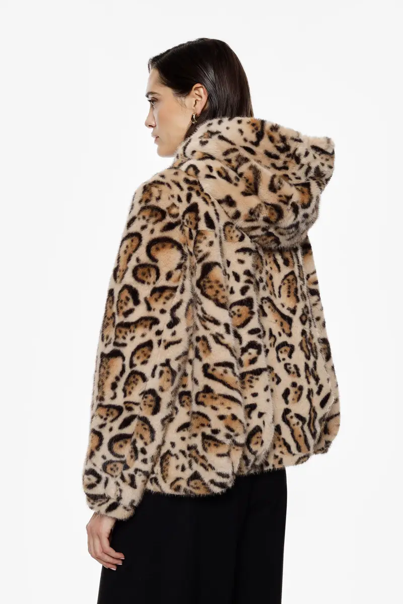 Giacca eco-fur corta fantasia animalier con cappuccio Maculato miniatura 3