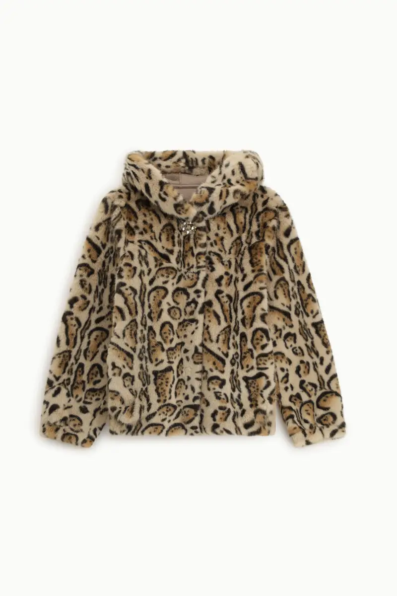 Giacca eco-fur corta fantasia animalier con cappuccio Maculato