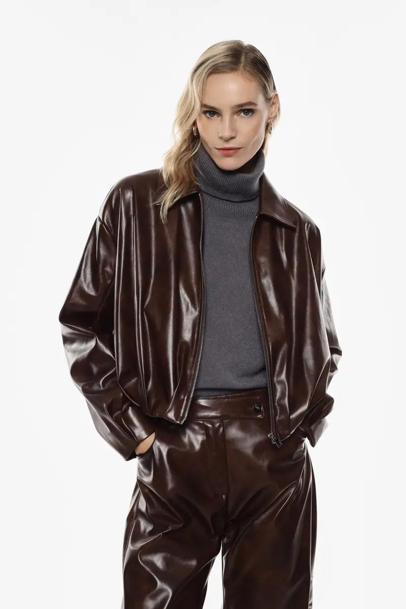 Giacca in ecopelle con zip e colletto classico Moro miniatura 3