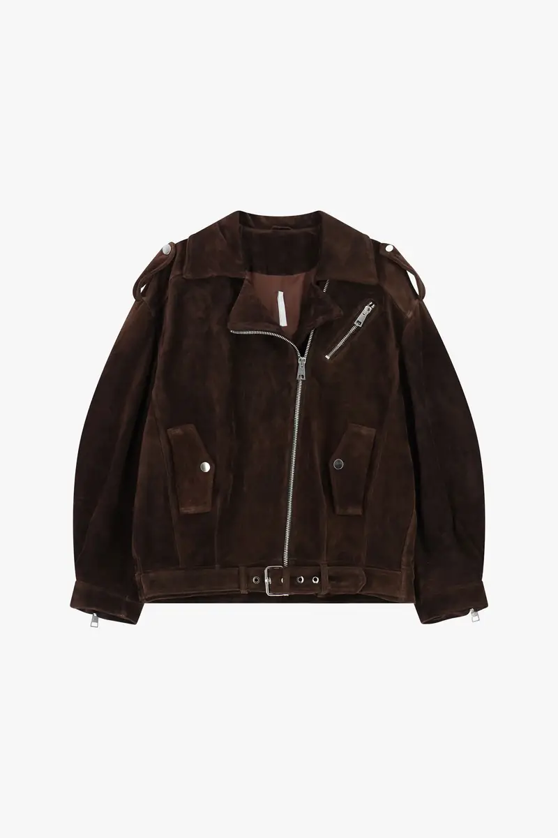 Giacca in pelle con chiusura zip e cintura Cioccolato