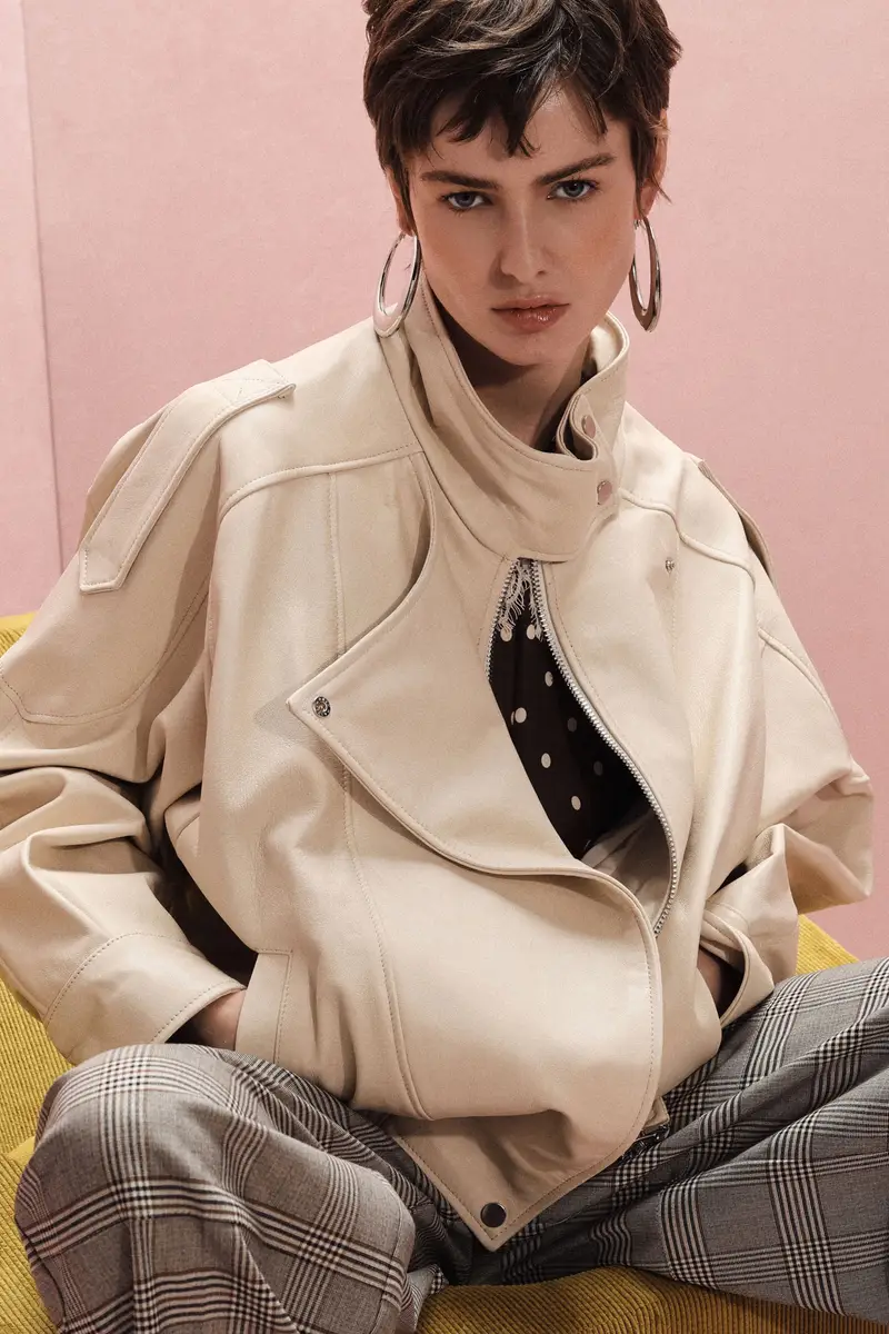 Giacca in pelle con zip e collo alto Burro miniatura 2