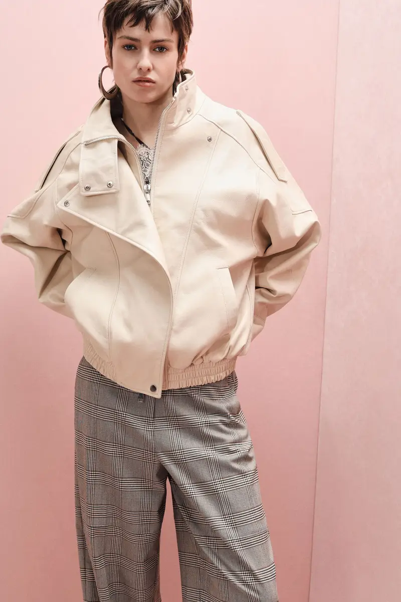 Giacca in pelle con zip e collo alto Burro miniatura 3