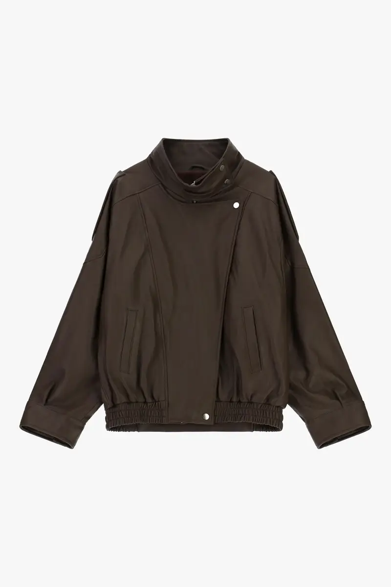 Giacca in pelle con zip e collo alto Cioccolato