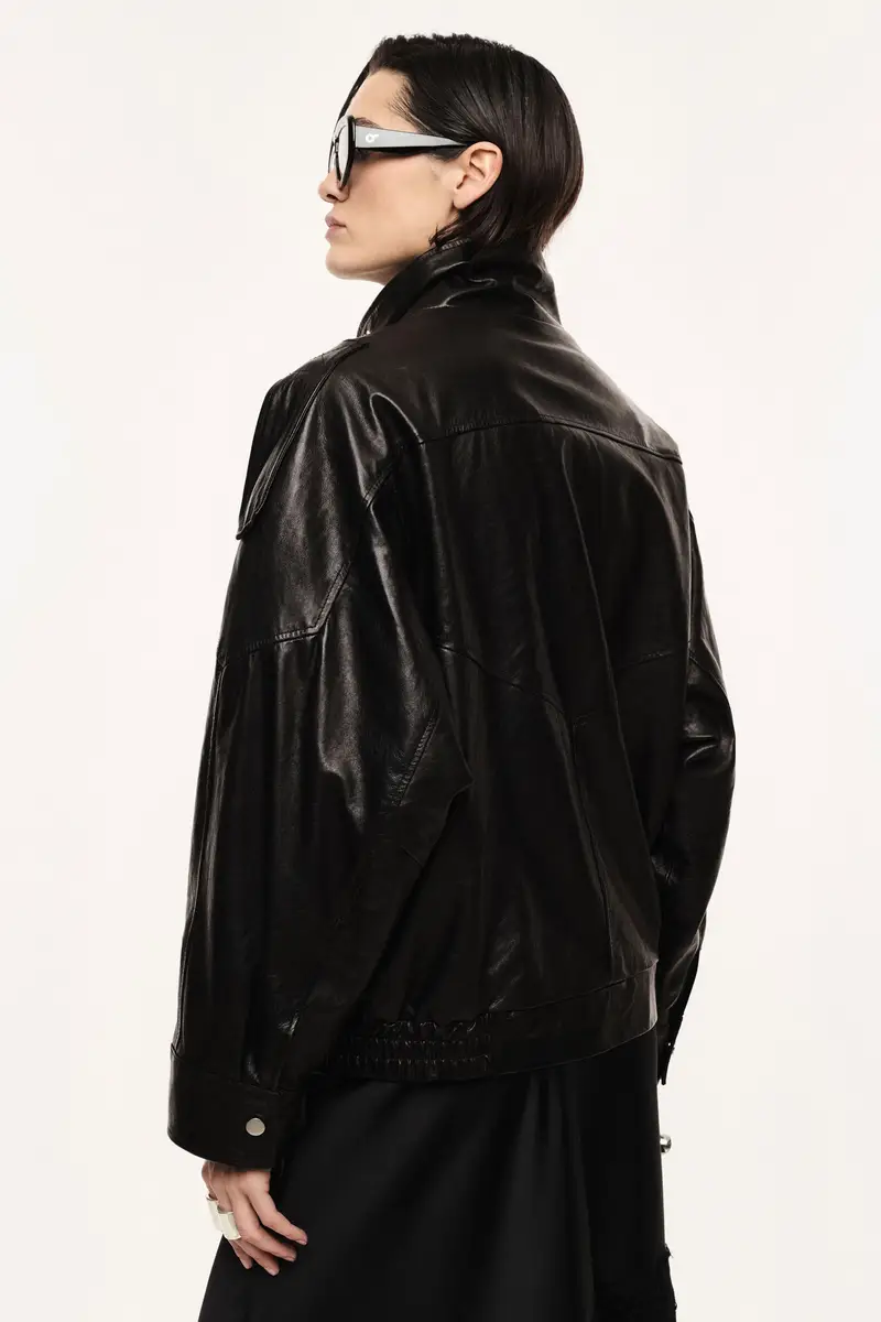 Giacca in pelle con zip e collo alto Nero miniatura 3