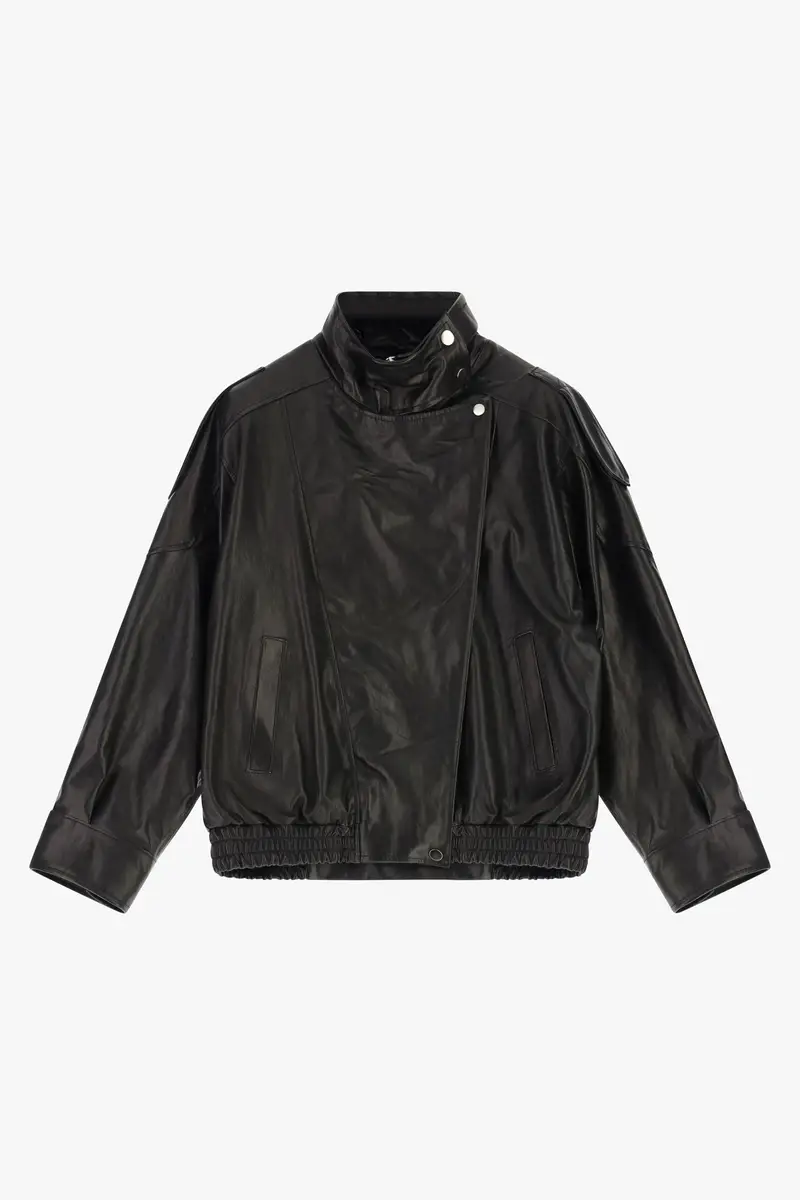 Giacca in pelle con zip e collo alto Nero