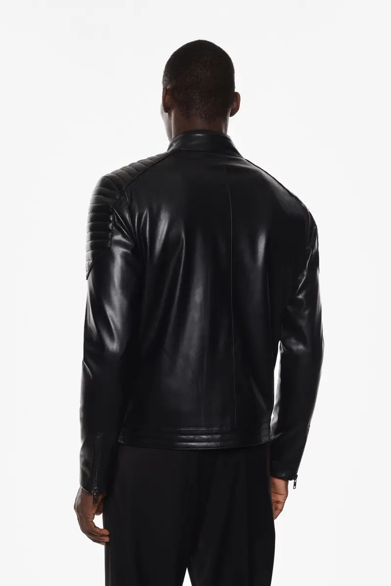 Giacca in pelle con zip e cuciture trapuntate Nero miniatura 2