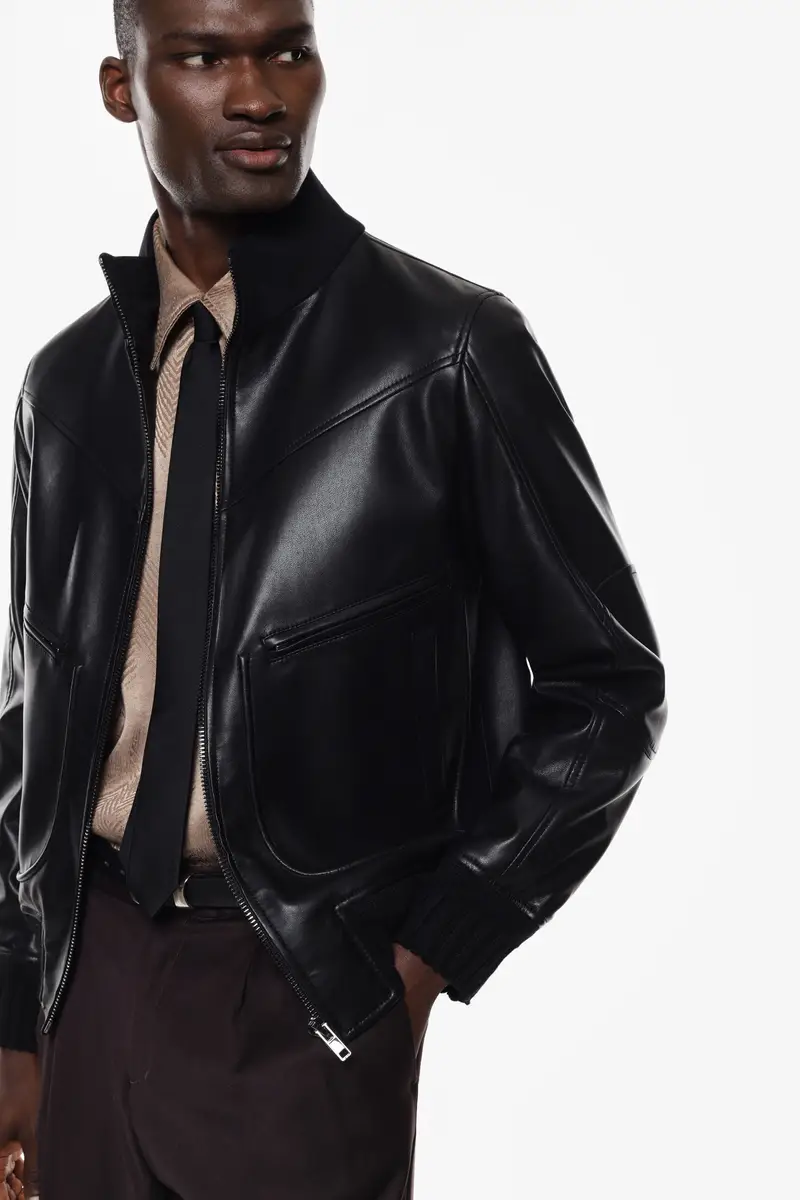 Giacca in pelle con zip frontale Nero miniatura 3