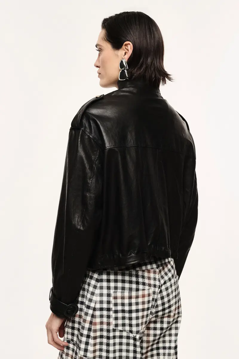 Giacca in pelle corta con tasche frontali Nero miniatura 3