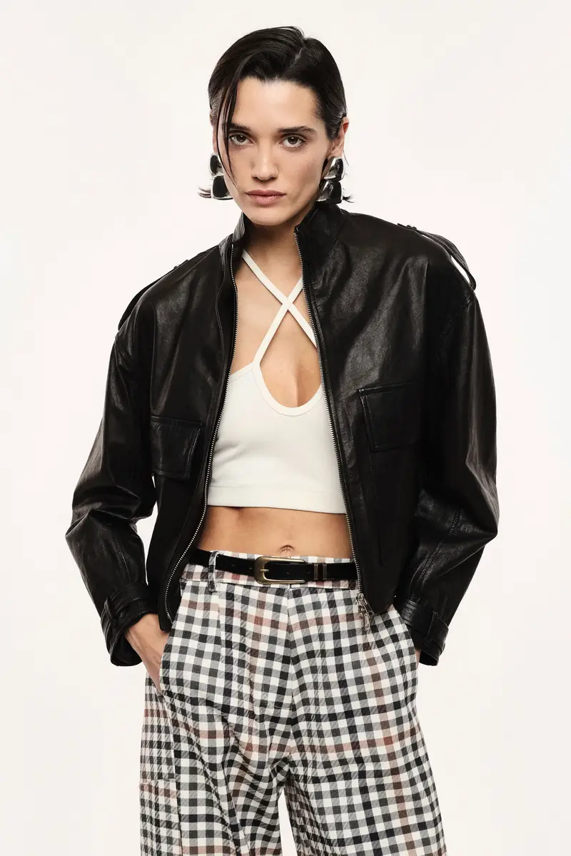 Giacca in pelle corta con tasche frontali Nero miniatura 4