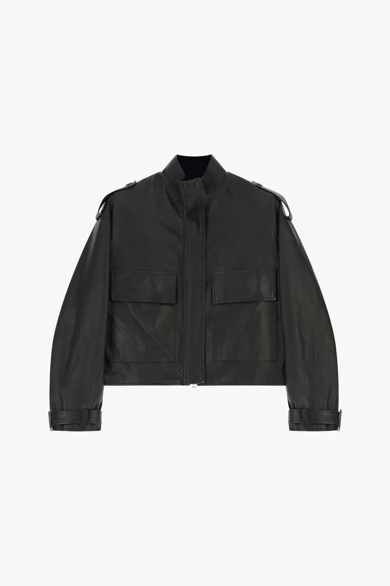 Giacca in pelle corta con tasche frontali Nero