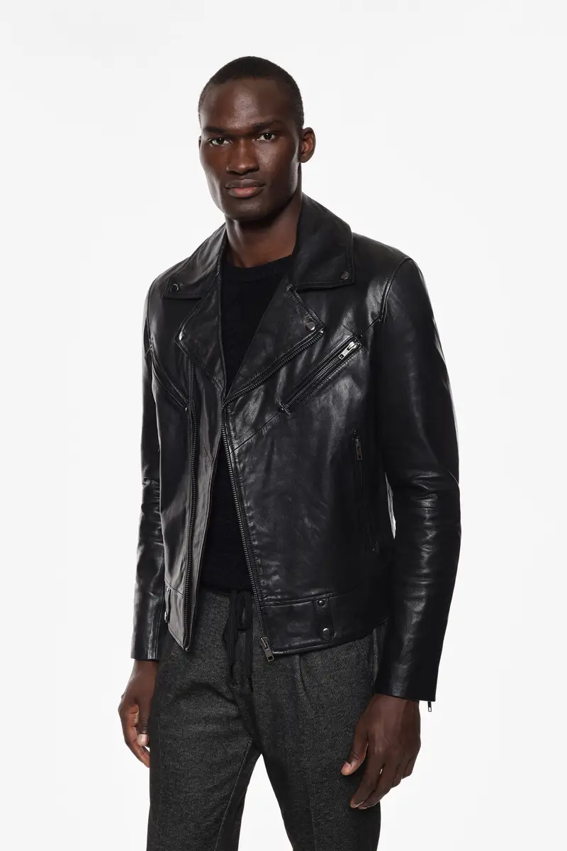 Giacca in pelle zip asimmetrica e tasche frontali Nero miniatura 2