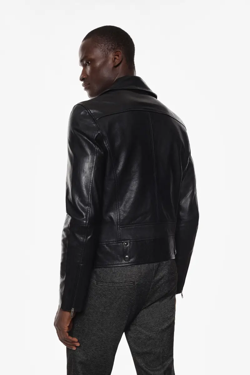 Giacca in pelle zip asimmetrica e tasche frontali Nero miniatura 3