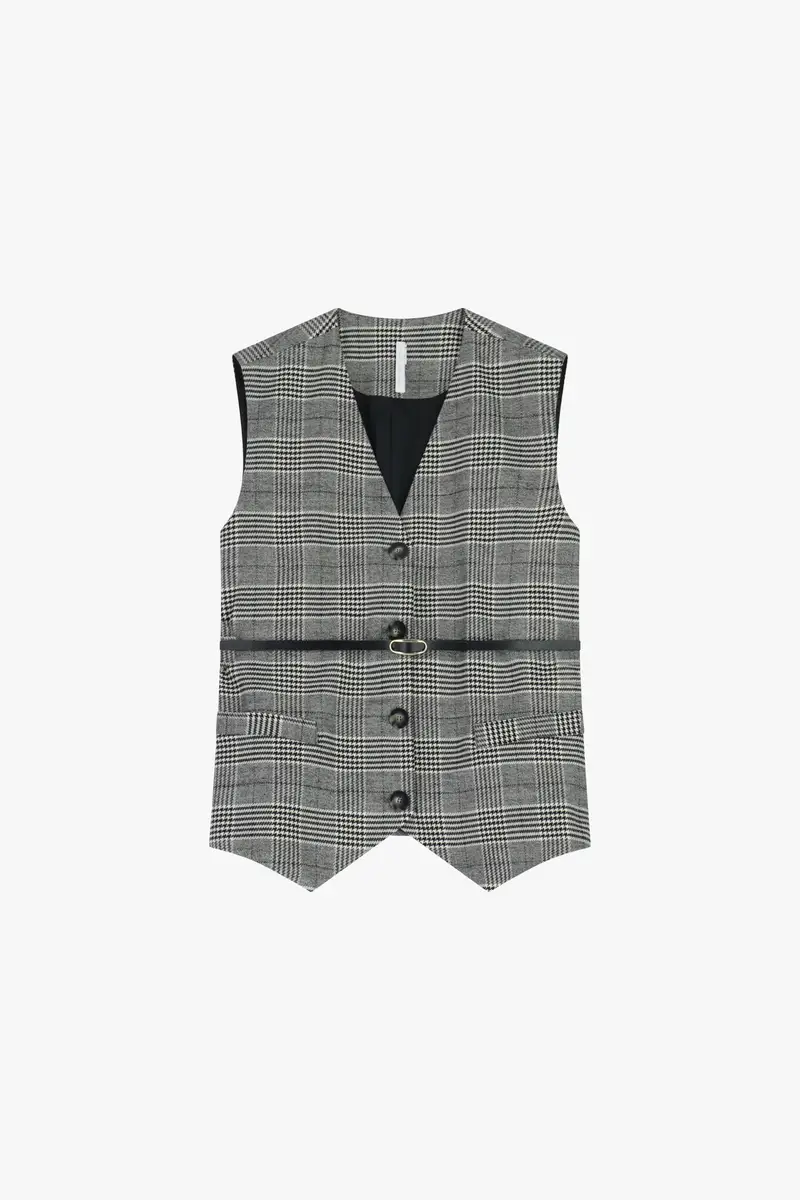 Gilet a motivo principe di galles con cintura e bottoni Bianco